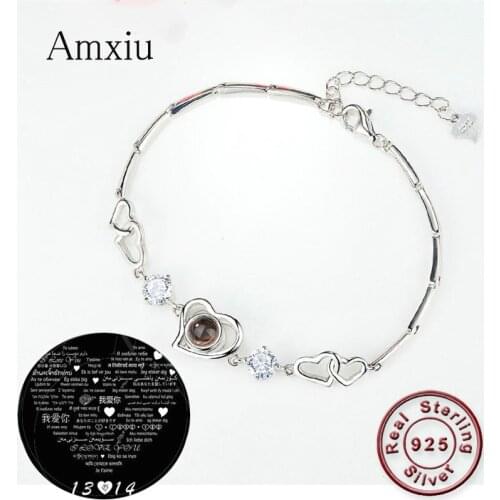 Amxiu 925 Silver Bracelet 100 languages I love you projection Bracelet Personalized Bracelets for Women Girls Wedding Jewelry