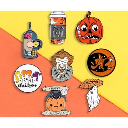 Happy Halloween Gift Enamel Pins Coffee Pumpkin Ghost Cat Witches Jewelry Magic Hat Brooches Badges Lapel Pin for Festival Gifts