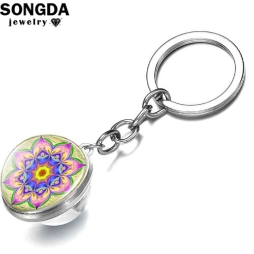 SONGDA Boho Multi Mandala Keychain Women Bag Charm 7 Chakra Flower of Life Buddhism Art Pattern Double Side Glass Ball Key Chain