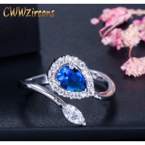 CWWZircons Fashion Ladies Rings Jewelry Silver Color Dark Blue Crystal Women Opening Engagement Ring Adjustable Size R090