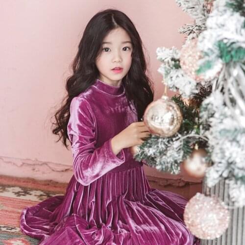 Velvet Purple Kids Dress 8 10 years Christmas New Year Party Dress Long Sleeve Little Girl Dress