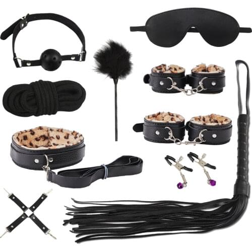 SM Leopard Exotic Accessories PU Sex Bondage Set Sexy Handcuffs Whip Rope Anal Vibrator Adult Sex Toy for Couples