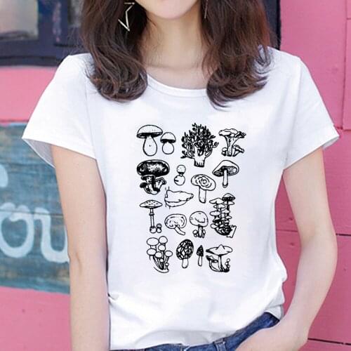 Mushroom Print Harajuku Graphic Tees T Shirt Women Casual Short Sleeve Summer Loose Female T-shirt Oversized Tops Streetwear