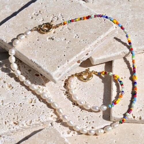 Bohemia Colorful Rice Beads Necklace Imitation Pearl Choker Handmade Chain for Women Party Beach Jewelry Gift Accessory