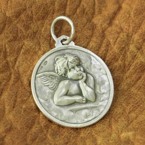 LINSION 925 Sterling Silver Cute Angel Pendant Charms 2 Sides Round Pendant TA165 JP