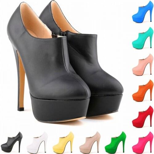 LOSLANDIFEN Concise Soft Leather Ankle Boots Platform Zipper Short Boots Fashion Womens Shoes 14cm Super High Heels Shoes Woman