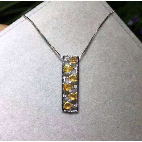 Natural yellow crystal Pendant natural citrine pendant necklace S925 silver Fashion rectangle Long row women girl gift jewelry