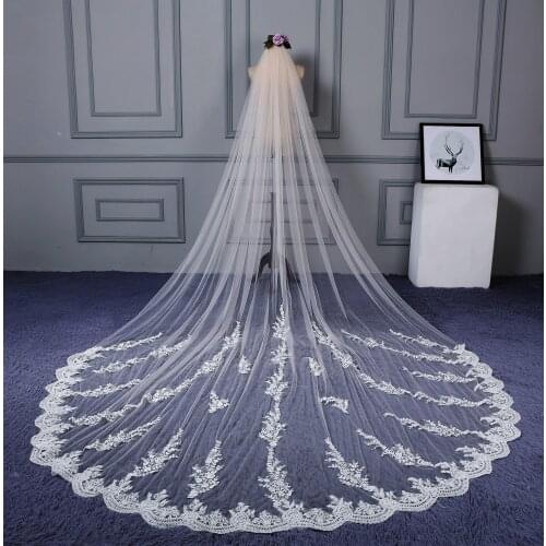 118" Long, 110" Wide 1 Layer Lace Applique Wedding Veil Cathedral Length Bridal Veil with Comb
