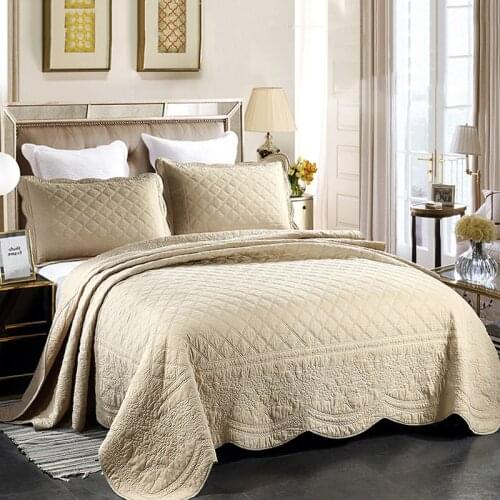 Solid Embroidered Quilt Set and Pillow Shams 3-piece Cotton Bedspread Quilted Coverlets Bed Cover Sheets King Queen Size