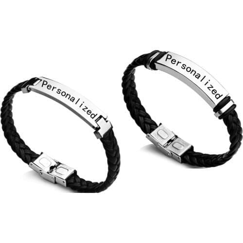 Personalized Stainless Steel Couple Bracelet Engrave Name Black Braid Woven Leather Bracelets DIY Letter Bangles Boyfriend Gift