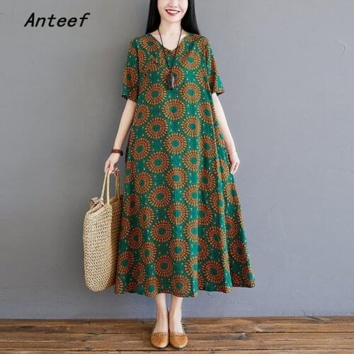 Short sleeve plus size cotton linen vintage floral dresses for women casual loose long woman summer dress elegant clothes 2021