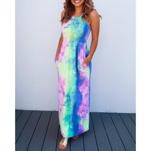 New Women Sexy Holiday Beach Spaghetti Strap Pocket Dress Summer Tie Dyeing Party Slim Dresses Clubwear WDC3297