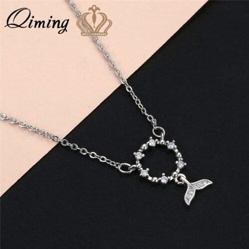 QIMING Wreath Whale Mermaid Tail Necklace Women Silver Shining Crystal Zircon Nautical Tail Fish Pendants Necklaces Gift