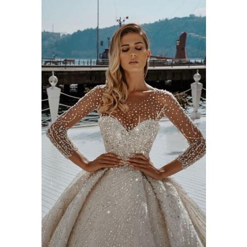 Luxury Beading Ball Gown Wedding Dresses 2021 Illusion O Neck Long Sleeve Sequins Arabic Dubai Bridal Gowns Mairee Handmade