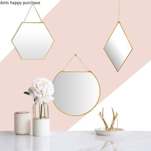 Nordic Golden Brass Glass Wall-mounted Mirror Home Round Hexagon Chain Wall Mount Makeup Mirror Skin Care ToolWall Decoration