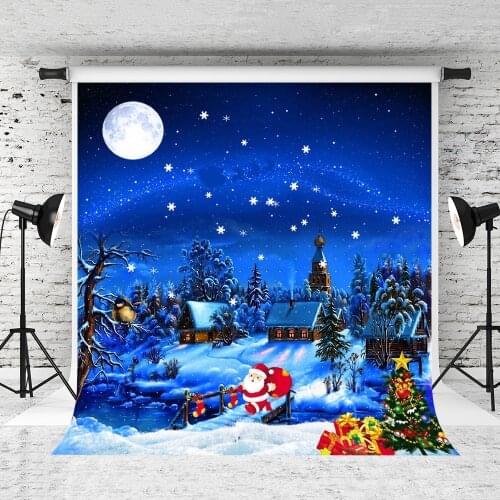 VinylBDS Merry Christmas Backdrops Photography Dark Blue Sky Night Snow Land Background Photo Studio Santa Claus Christmas Trees
