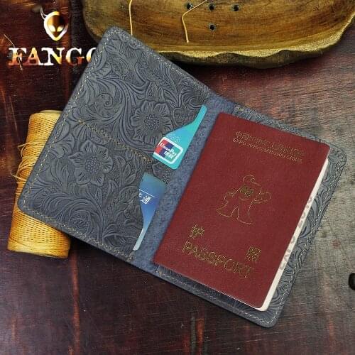WESTCREEK Brand Hand-made Genuine Leather Vintage Men Passport Holder Women Crazy Horse Leather Floral Passport Cover Case