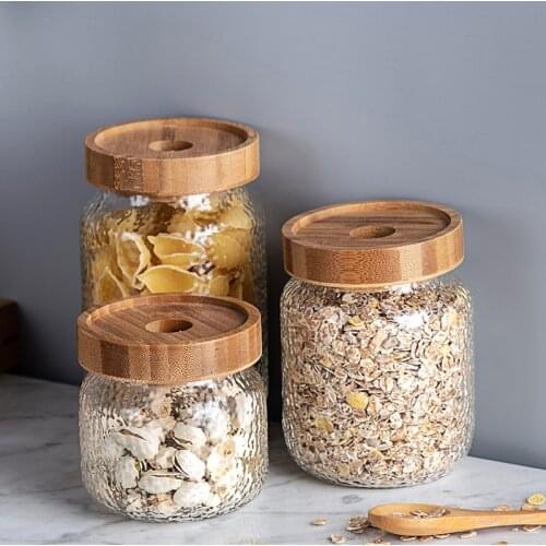 Japanese glass sealed jar tea jar snack storage jar hammer grain storage jar Acacia wooden cover storage bottle