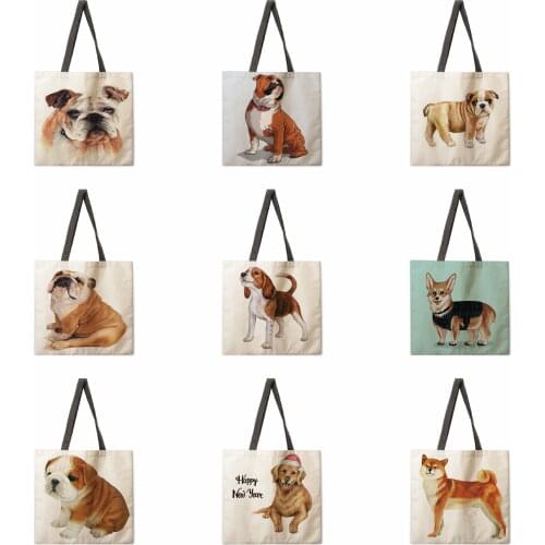 French dog linen shopping bag ladies shoulder bag foldable shopping bag beach tote bag handbag large bag female bag