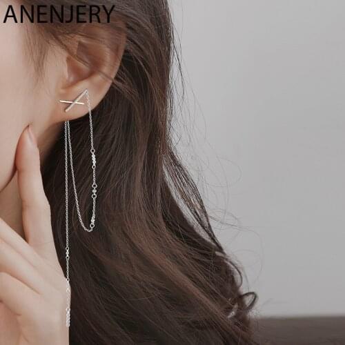 ANENJERY 1 Pair 925 Sterling Silver Long Tassel Chian Earrings For Women New Design Temperament Cross Earrings Wholesale