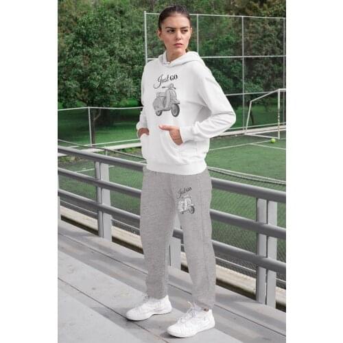 Angemiel Wear Just Go Vespa Womens Sweat Suits White Hooded Sweatshirt Gray Sweatpants