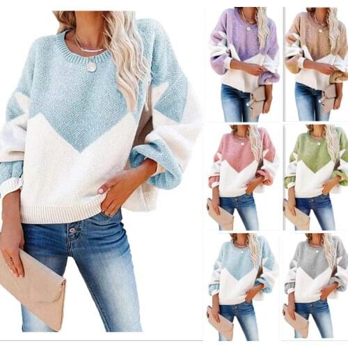 2021 autumn and winter new sweater loose color matching large size temperament commuter crew neck sweater women