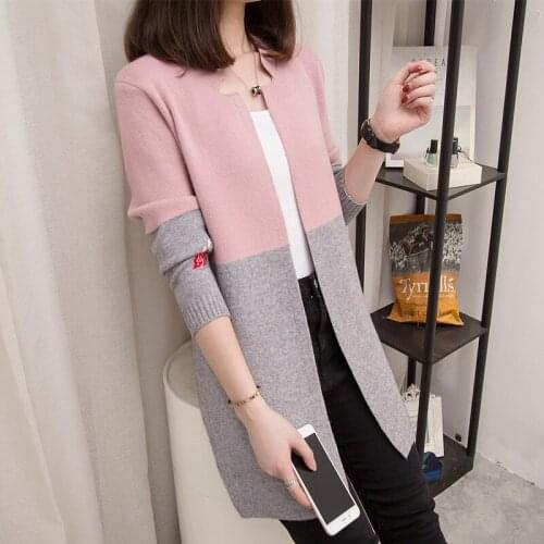 2021 Autumn Women Sweater Stitching Color Loose Cardigan Long Sleeve Casual Knit Sweater Coat Female Top NS4814