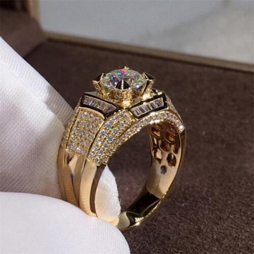 Sparkling Cocktail Luxury Jewelry 925 Sterling Silver&Gold Fill Round Cut White Topaz Diamond Promise Women Wedding Band Ring