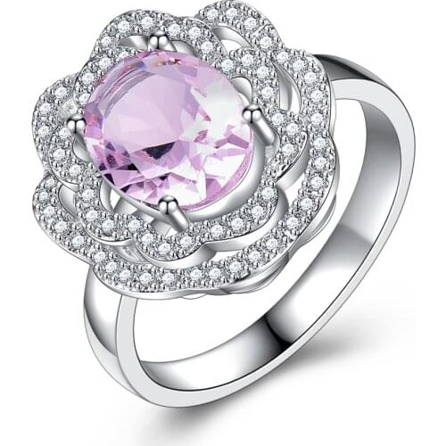 Womens Ring Pink Colorful Shiny Zircon Ring Fashion Flowers Creative Closed Metal Ring Party Decoration Valentines Day Gift