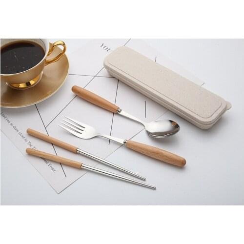 1SET Flatware Sets Wooden Handle Stainless Steel Senior Tableware with Spoon ,Fork ,Chopstick Sets PI 010
