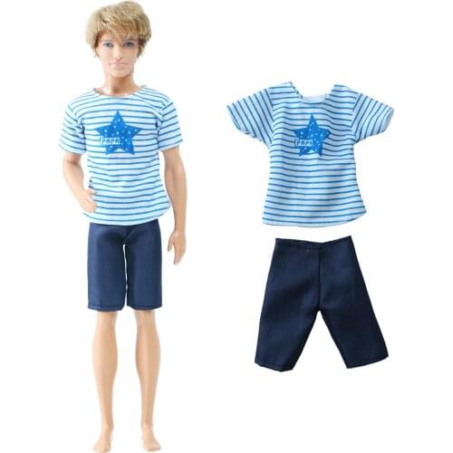 BJDBUS 1 PCS Doll Outfit Casual Wear Short Sleeve Striped T-shirt Pattern Tops Jeans Pants Prince Clothes for Ken Doll Toys