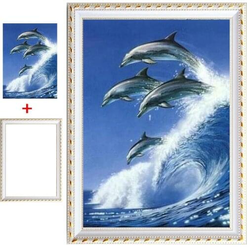 Framed 5D Diy Daimond Painting Cross Stitch "dolphin" 3D Diamond Diamant Full Round Rhinestones Painting Diamond Embroidery