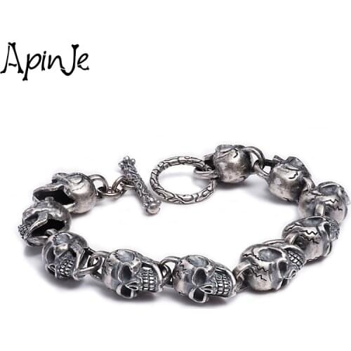Apinje 925 Sterling Silver Skull Bracelet Men Bracelet Punk Male Gothic Jewelry