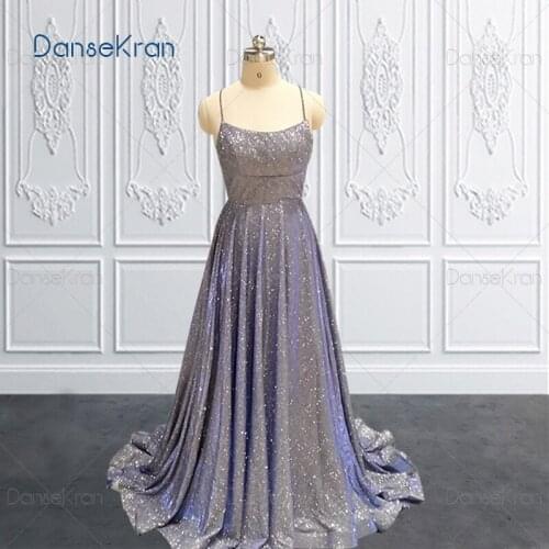 Shiny Blue Prom Dresses 2021 Spaghetti Strap Sparkly Formal Dresses For Party Lace Up Back A-line Long Evening Gowns
