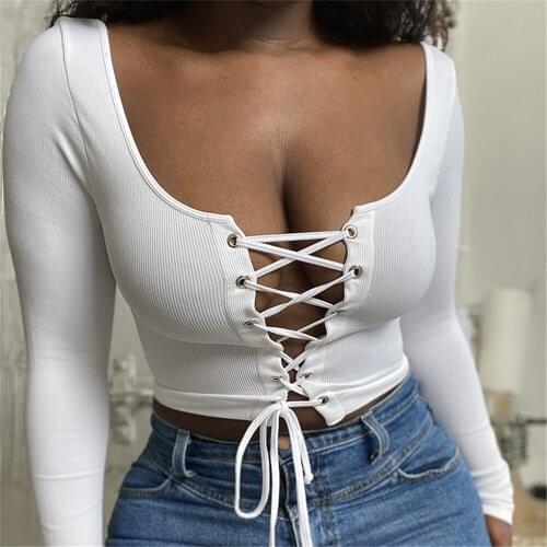 Blouse Women Sexy Square Collar Bandage Blouses Autumn Long Sleeve Lace Up Slim Crop Top White Pullover Tops Ladies Streetwear