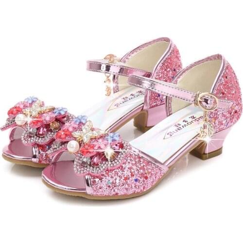 Spring 2020 New Korean Girl Princess Color Diamond Sandals Bowknot Childrens High Heels Girls Fish Mouth Shoes Kids Shoes
