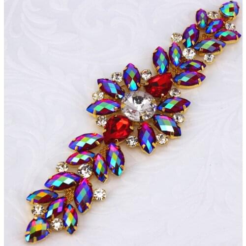 18.2X5.5cm Flower rhinestone applique Belt For wedding Evening dress AB sewing on Rhinestone Patch Fashion crystal Golden Base