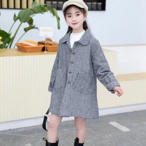 Spring Autumn Wool Coat For Girl Plaid ChildrenS Outerwear Turn Collar Solid Inclined Kids Jacket Teenager Clothes 2021 New