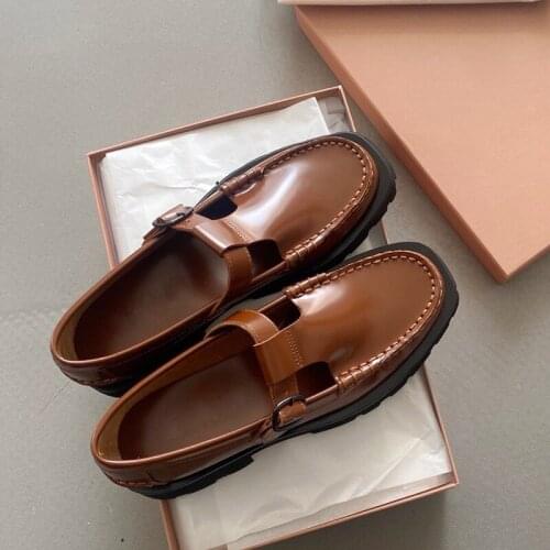 Donna-in 2021 New Autumn Brown Luxury Genuine Leather Loafers Women Vintage T-Strap Office Lady Shoes High Quality Block Heels