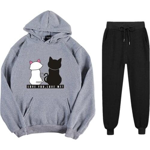 Heliar Women Autumn Tracksuits Fleece Harajuku Cats Print Hoodies and Trousers Two pieces Pullovers Sets For Women 2021 Winter