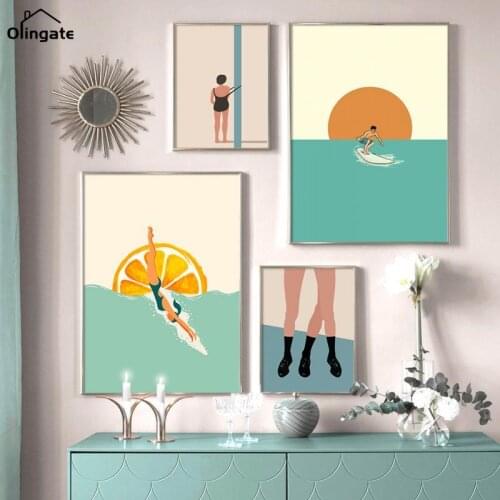 Cartoon Fashion Sexy Girl Surf Boy Diving Girl Canvas Painting Nordic Wall Art Posters and Prints Wall Pictures for Home Decor