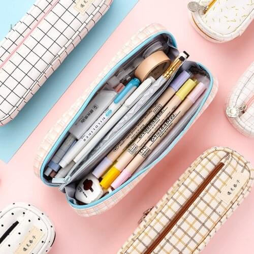Kawaii Pink Lattice Canvas Pencil Case Solid Color Large Capacity Pencil Box Cute Pen Bag School Supplies Gifts Stationery Girls