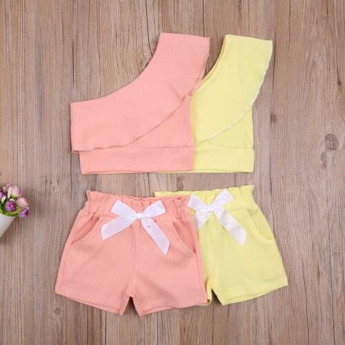 2 Pieces Fashion Summer Kids Girls Suit Set One Shoulder Sleeveless Pullover Tops+Short Pants for Toddler Baby Girls