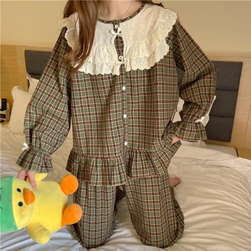 Korean Autumn Vintage Plaid Pajamas Set Women Fashion Ruffle Sleepwear Casual Mori Girls Outwear Home Suit Flare Sleeve