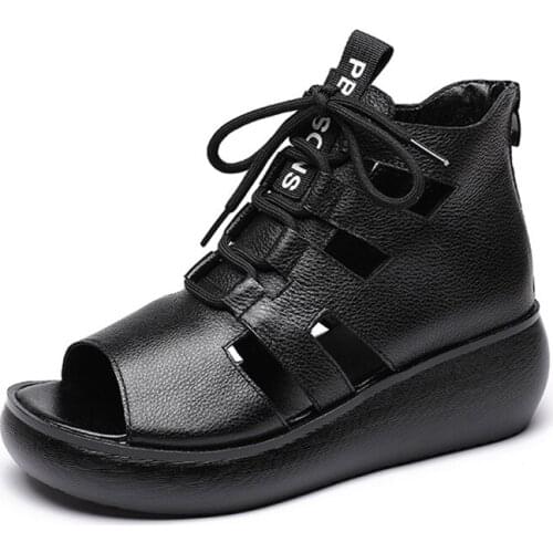 Leather wedge heels with thick soles and fish toe heels 2021 spring/summer leisure cold boots hollow Roman sandal with high top