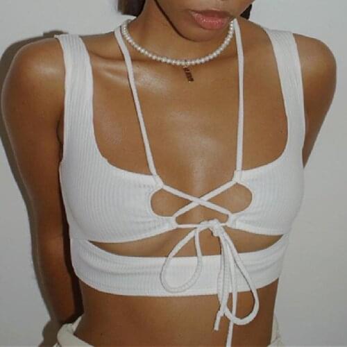 Female Summer Sexy Slim Bandage Tank Top Solid Color Sleeveless Square Collar Hollow Out Strap Lace-Up Exposed Navel Vest