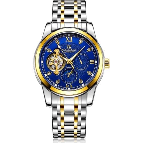 WEISIKAI Mens Multifunctional Flywheel Moon Phase Automatic Steel Band Mechanical Watch Butterfly Buckle Watch
