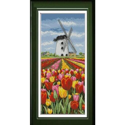 11/14/16/18/22/25/28ct Lovely Counted Cross Stitch Kit Dutch Landscape Tulip Field and Windmill Flowers anchor