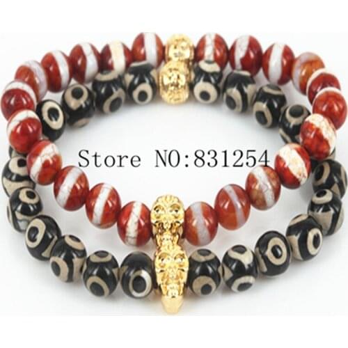 New 2pcs/lot Gold Color Skull Bracelet for Men Natural 8mm Tianzhu Beads Stone Bracelet Statement Men Bracelet