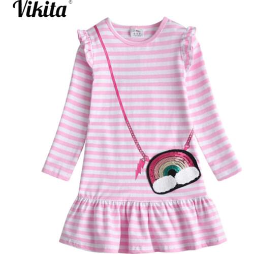 VIKITA New Kids Dresses for Girls Children Sequins Dress Girls Long Sleeve Autumn and Winter Dress Toddlers Cotton Vestidos